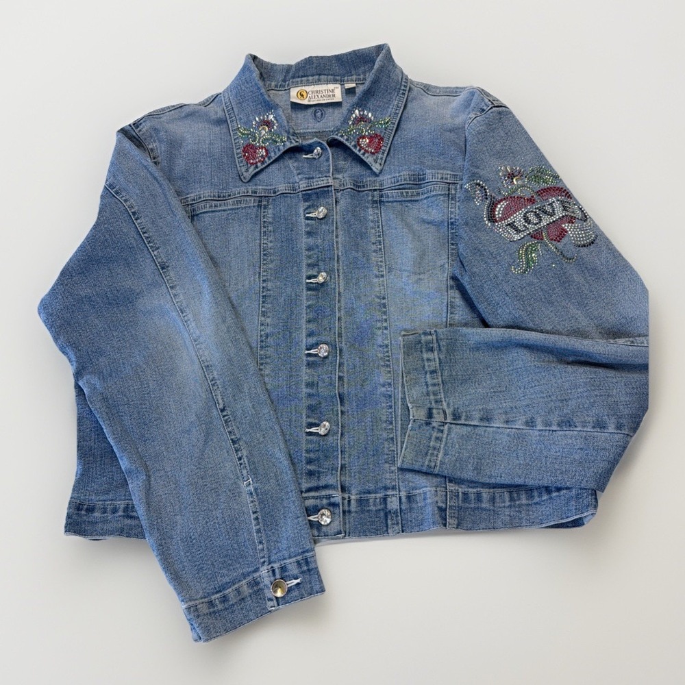 Christine‎ Alexander Denim Jacket Bling Rhinestone Hearts Love Design Womens XL
